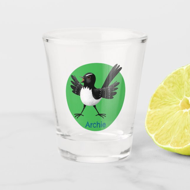 Australian Willie Wagtail cartoon personalised Shot Glass (Front)