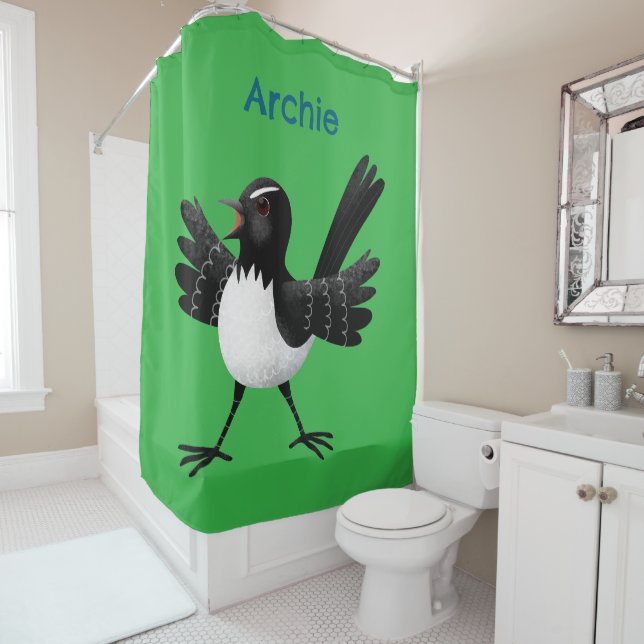 Australian Willie Wagtail cartoon personalised Shower Curtain (In Situ)