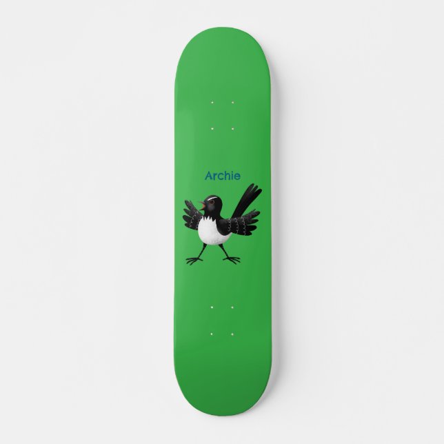 Australian Willie Wagtail cartoon personalised Skateboard (Front)