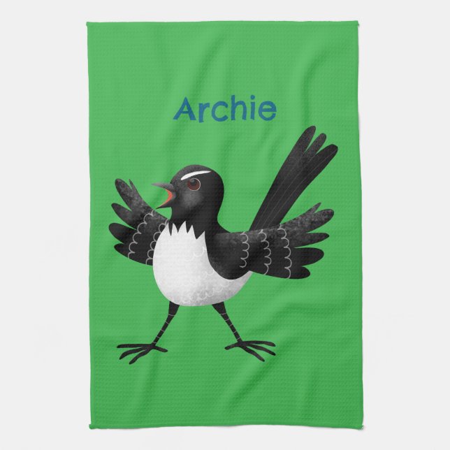Australian Willie Wagtail cartoon personalised Tea Towel (Vertical)