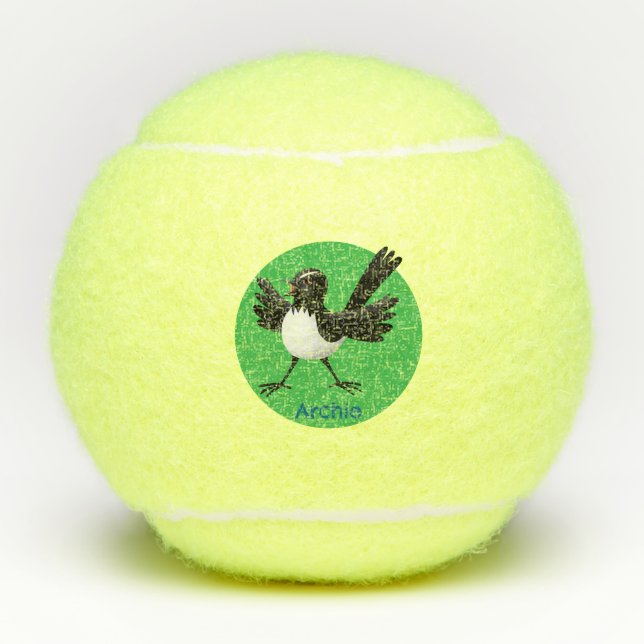 Australian Willie Wagtail cartoon personalised Tennis Balls (Front)