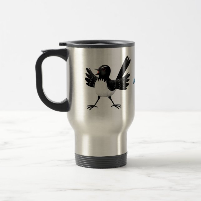 Australian Willie Wagtail cartoon personalised Travel Mug (Left)