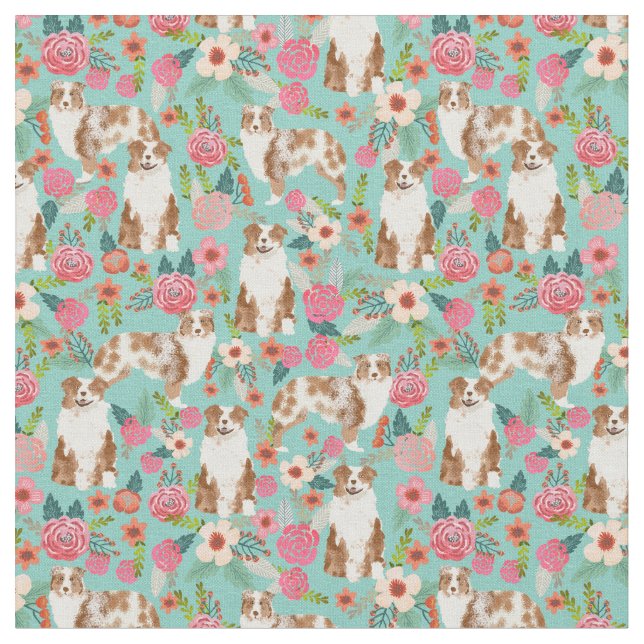 Austrarlian Shepherd red merle vintage florals Fabric (Close Up)