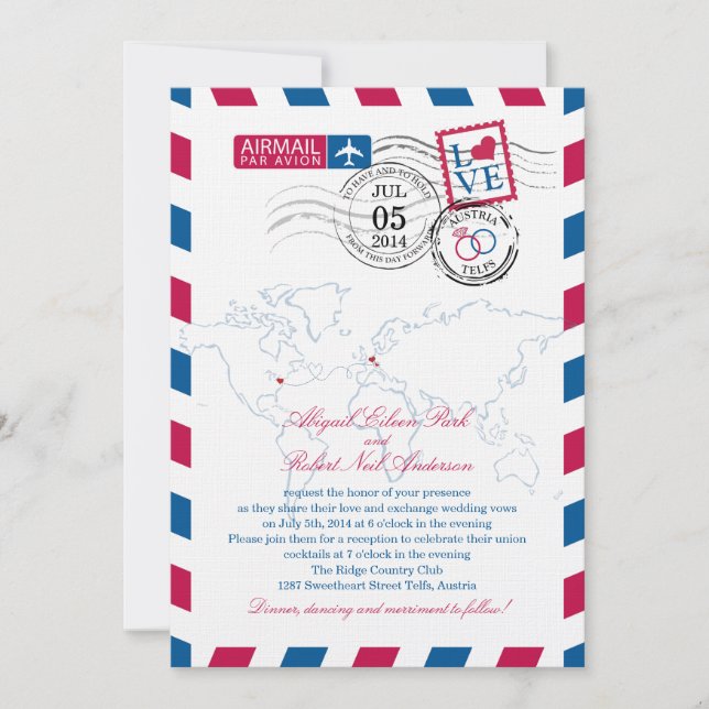 Austria Airmail Heart Wedding Invitation (Front)