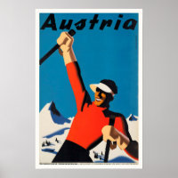 Austria, Mountains Skier Travel Vintage Poster