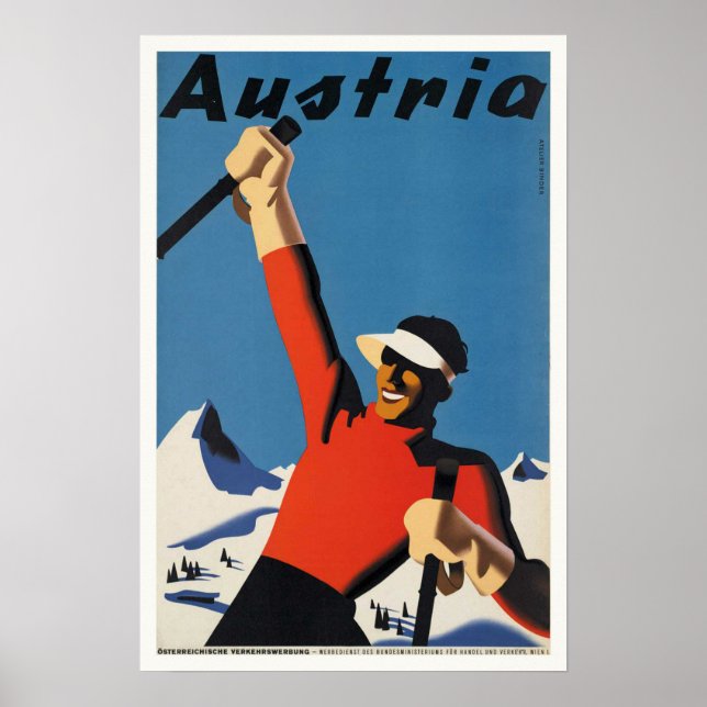 Austria, Mountains Skier Travel Vintage Poster (Front)