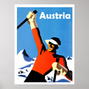 Austria mountains, winter ski sport,vintage travel poster