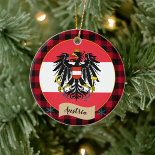 Austria, Red buffalo plaid & Austrian Flag Ceramic Tree Decoration