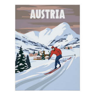 Austria Ski resort poster, retro. Alpes Winter Poster