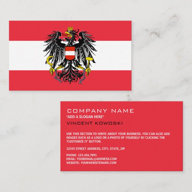 Austrian Flag and Coat of Arms, Flag of Austria Business Card (Front/Back)