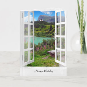 Austrian mountain lake scene in window card