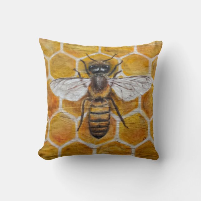 Authentic hand painted textile Honey Bee Cushion (Front)