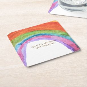 Authentic Kid's Rainbow Watercolor Birthday Square Paper Coaster