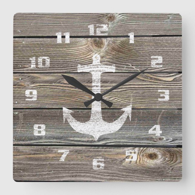Authentic looking Wood Rustic Nautical Anchor Square Wall Clock (Front)