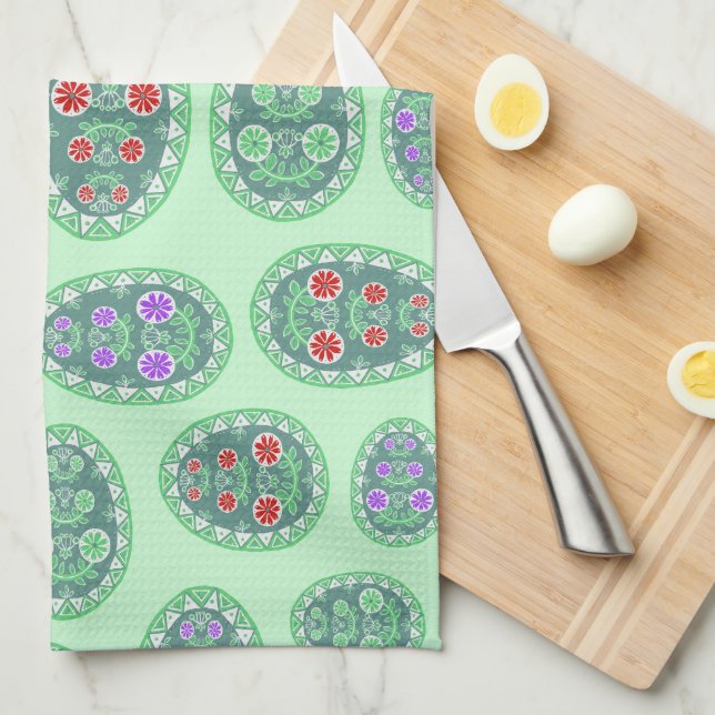 Authentic Ukrainian Folk Art Eggs Pattern Green Tea Towel (Quarter Fold)