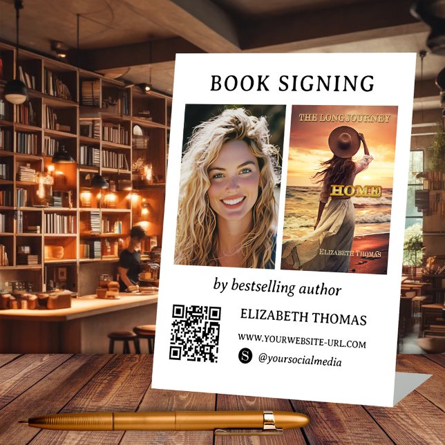 Author Book Signing Photo QR Code Minimalist Pedestal Sign (Author book signing minimalist tabletop sign. With custom photos, QR code template, social media)