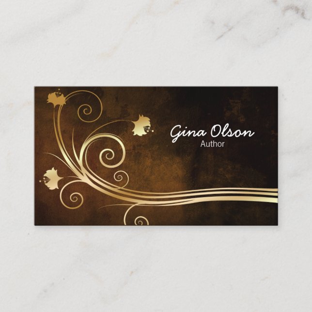 Author Literary Arts Elegant Gold Floral Swirl Business Card (Front)