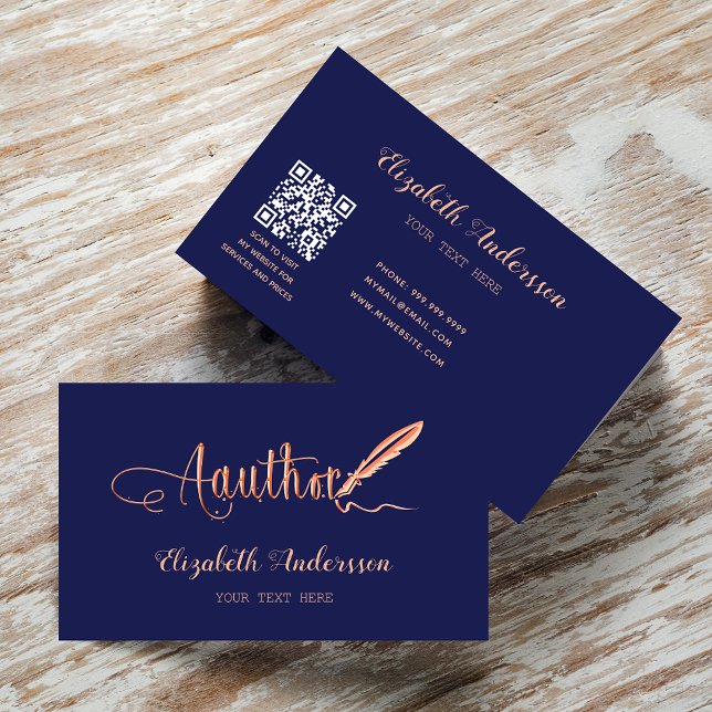 Author navy blue rose gold QR code Business Card (Creator Uploaded)