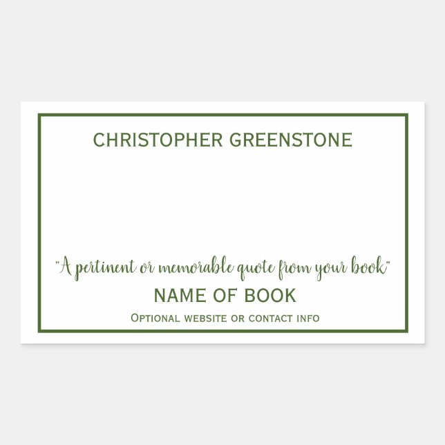 Author Signature Green Bookplate Rectangular Sticker (Front)