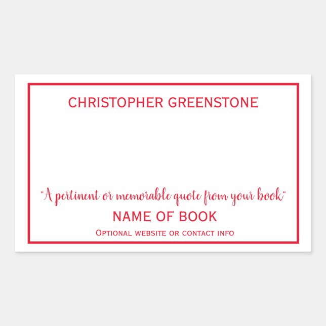 Author Signature Red Bookplate Rectangular Sticker (Front)