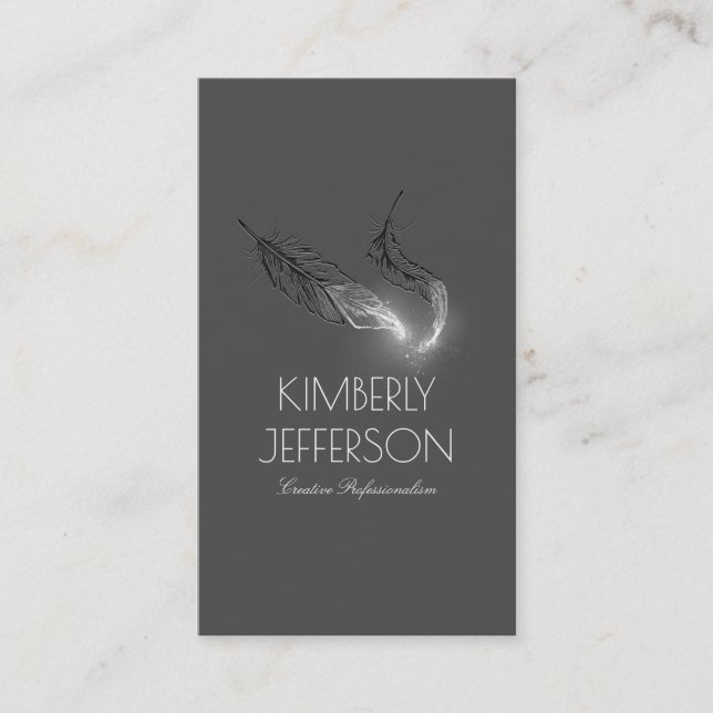 Author Writer Chic Silver Feathers Elegant Business Card (Front)