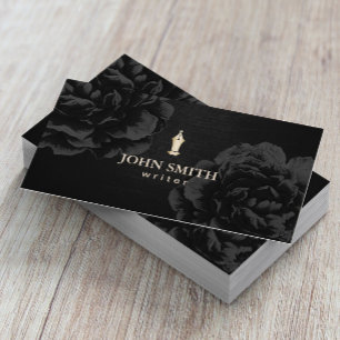Author Writer Gold Pen Nib Elegant Black Floral Business Card