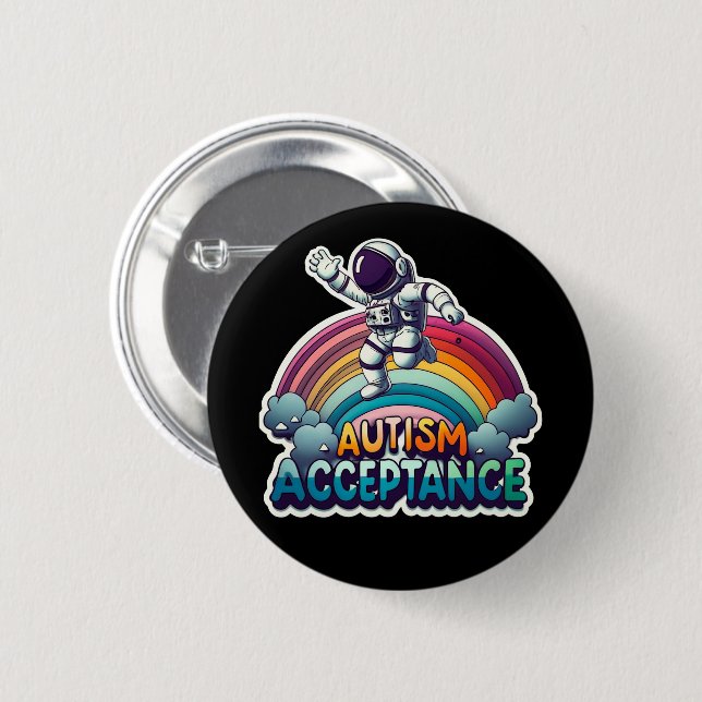 Autism Acceptance Rainbow Astronaut 6 Cm Round Badge (Front & Back)