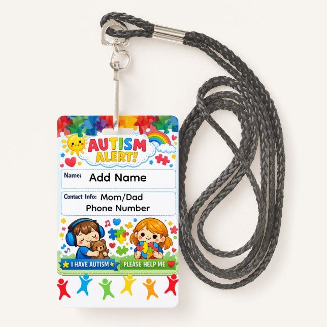 Autism Alert Custom Emergency Contact ID Badge (Front with Lanyard)