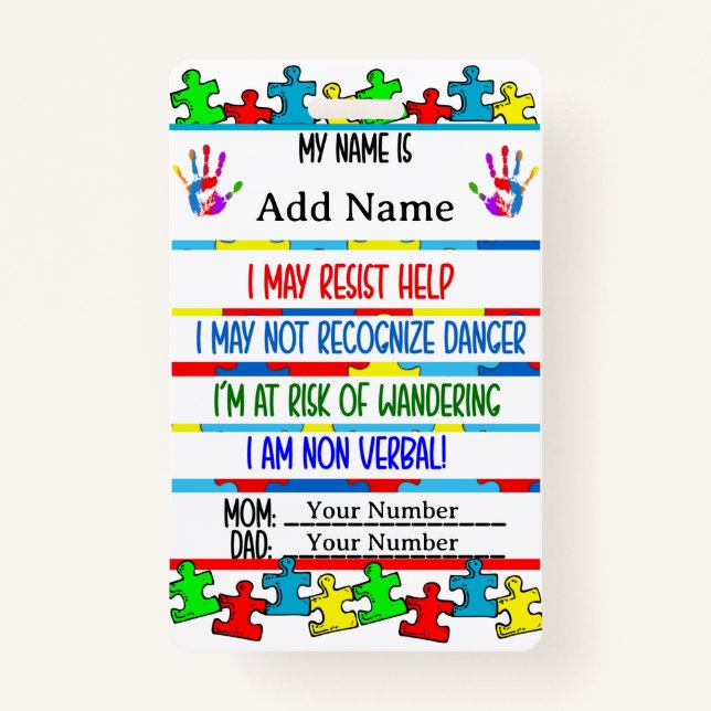 Autism Alert Nonverbal Autistic Contact  ID Badge (Front)