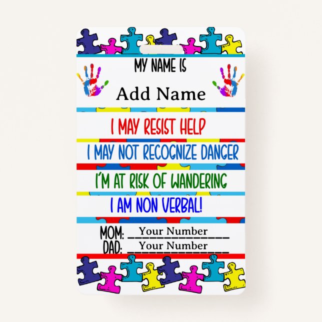 Autism Alert Nonverbal Autistic Contact  ID Badge (Front)