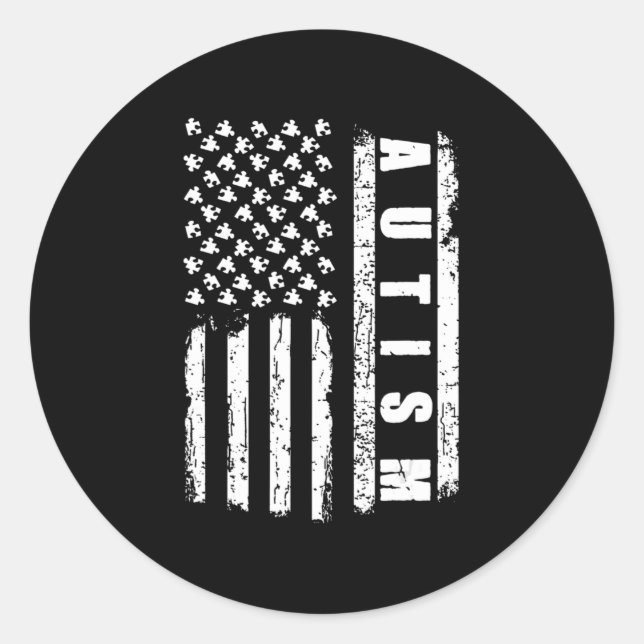 Autism  American Flag Autism Awareness Puzzle vint Classic Round Sticker (Front)
