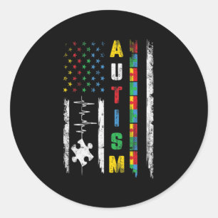Autism American Flag Puzzle Autism Awareness Men W Classic Round Sticker