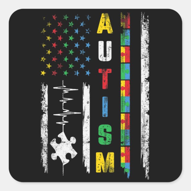 Autism American Flag Puzzle Autism Awareness Men W Square Sticker (Front)