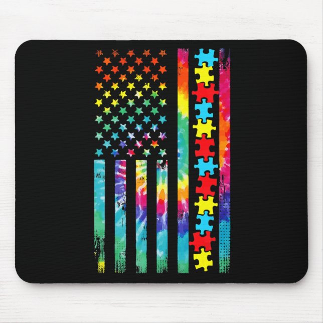 Autism American Flag Tee Tie Dye Autism Awareness  Mouse Mat (Front)
