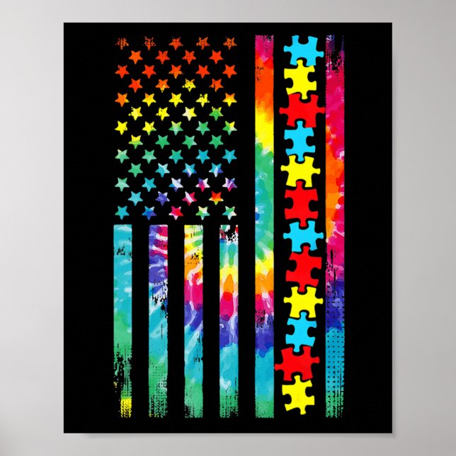 Autism American Flag Tee Tie Dye Autism Awareness  Poster (Front)