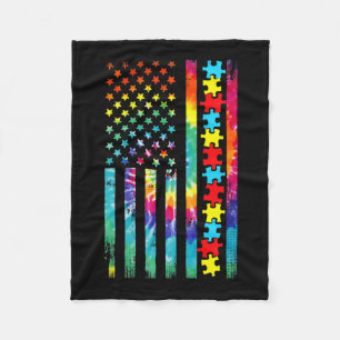 Autism American Flag Tie Dye Autism Awareness For Fleece Blanket