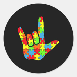 Autism Asl Love Sign Language Autism Awareness Puz Classic Round Sticker