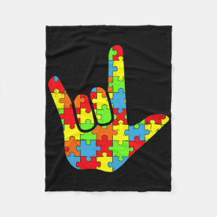 Autism Asl Love Sign Language Autism Awareness Puz Fleece Blanket