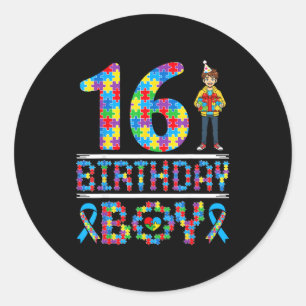 Autism Awareness 16th Birthday Boy Puzzle Piece 16 Classic Round Sticker