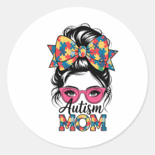 Autism Awareness 2025 Autism Mum Coquette Bow Puzz Classic Round Sticker
