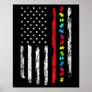 Autism Awareness 4th July Thin Red Line Firefighte Poster