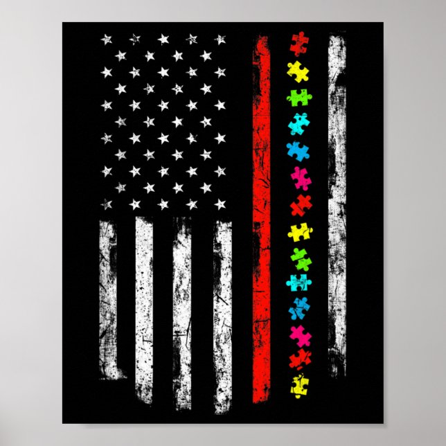 Autism Awareness 4th July Thin Red Line Firefighte Poster (Front)