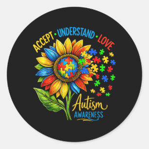 Autism Awareness Accept Understand Love Sunflower Classic Round Sticker