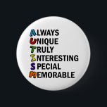 Autism Awareness Acrostic Cute Rainbow Word Poem 6 Cm Round Badge<br><div class="desc">A beautiful acrostic word poem for Autism. Always Unique Truly Interesting Special Memorable. Great positive attributes of being autistic to show you are proud of being on the spectrum. Acronyms are so cool.</div>