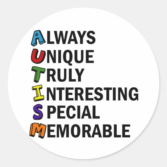 Autism Awareness Acrostic Cute Rainbow Word Poem Classic Round Sticker (Front)