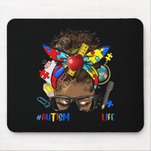 Autism Awareness Afro Messy Bun Melanin Black Auti Mouse Mat