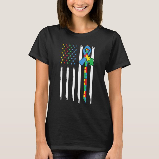 Autism Awareness America Flag Colour Puzzle Kindne T-Shirt (Front)