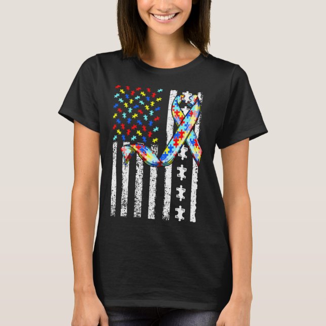 Autism Awareness American Flag Men Women Kids Auti T-Shirt (Front)