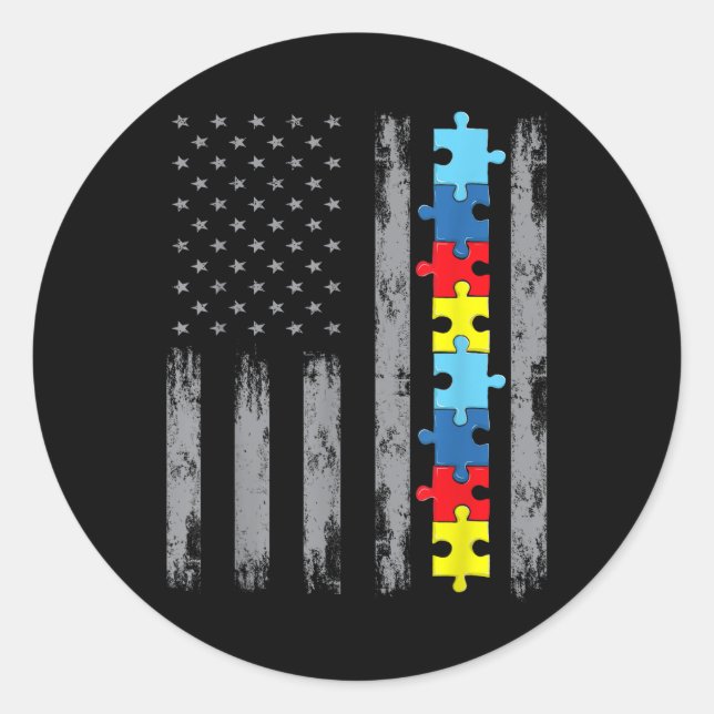 Autism Awareness American Flag Shirt, Autistic Us  Classic Round Sticker (Front)