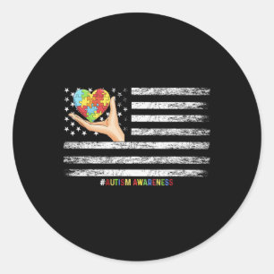 Autism Awareness American Flag Usa Hand With A Hea Classic Round Sticker